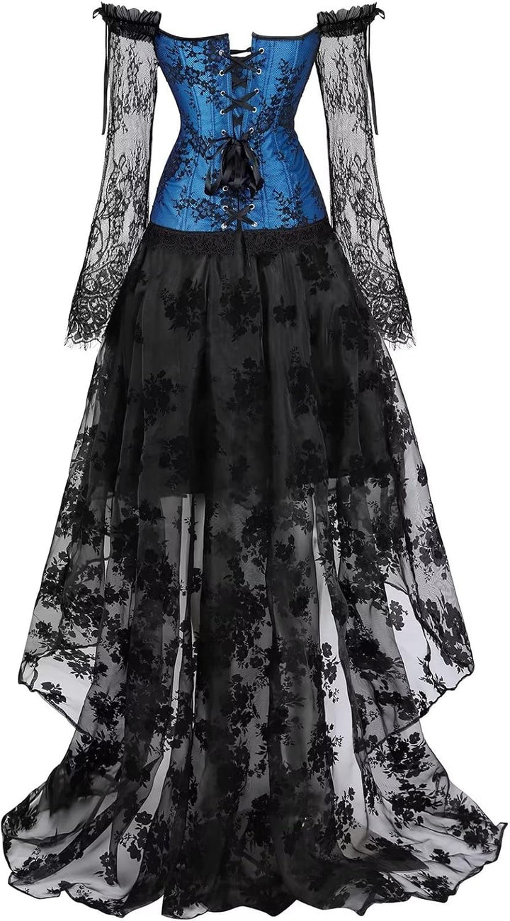 Korsett Damen Korsagenkleid Korsage Gothic Taille Lang Rock Hauch Bluse Kleid Elegant Frauen, Bluebl