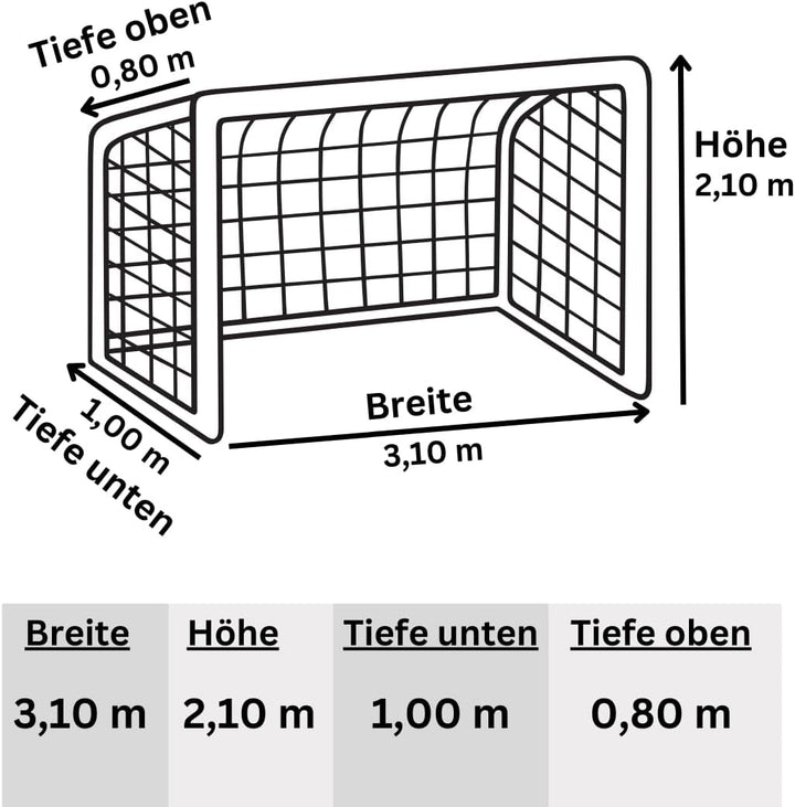 Handballtornetz Handball Fussball Kleinfeld Tornetz 3,10 x 2,10 m Tiefe Oben 0,80 / unten 1,00 m, PE