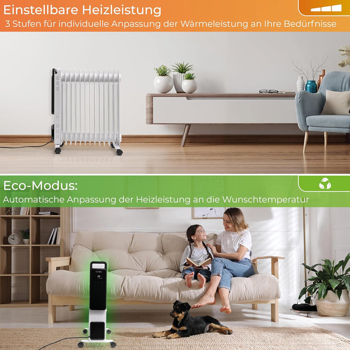 KLAMER Ölradiator 2500 W, Elektroheizung energiesparend, 13 Rippen, 3 Heizstufen mit Eco-Modus, 24h