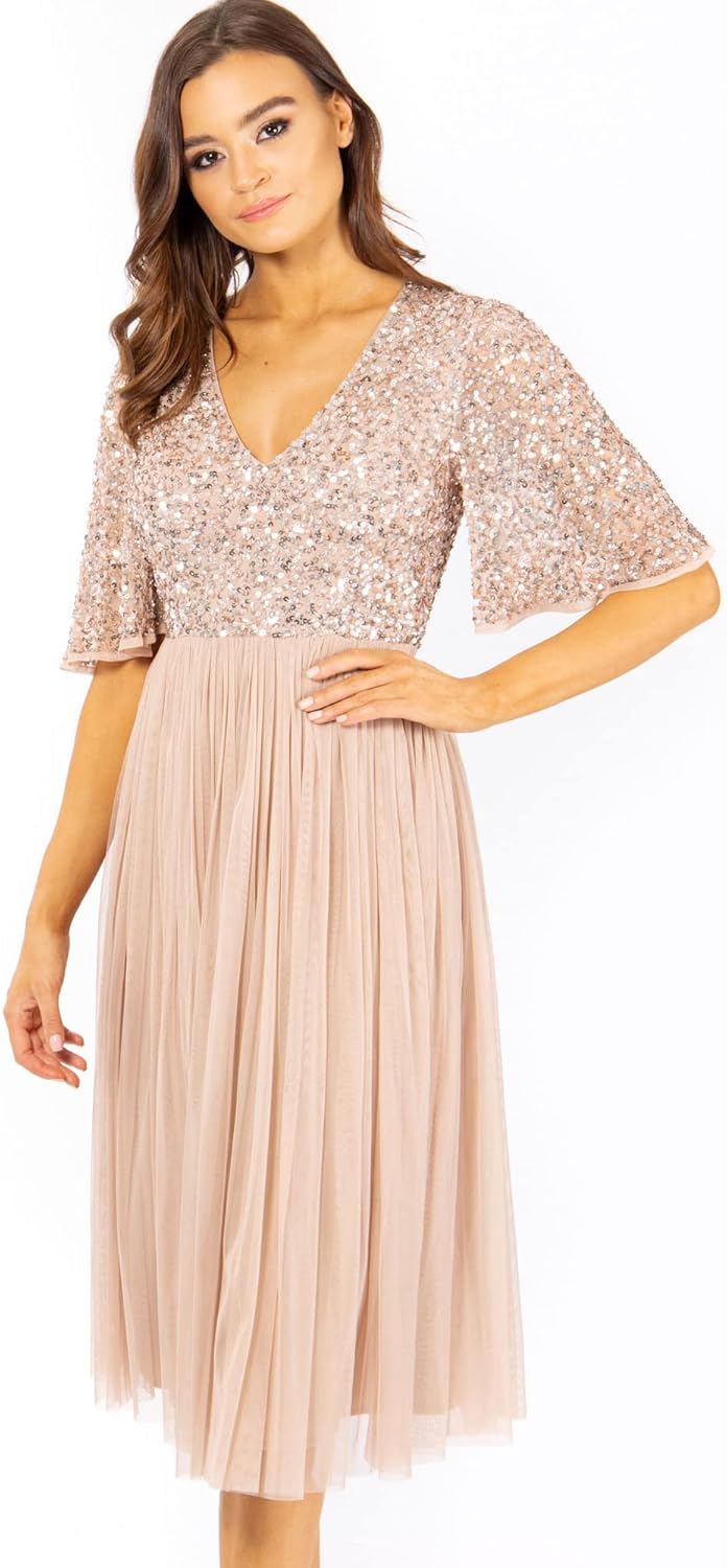 Maya Deluxe Damen Midi Abendkleid Cocktailkleid Abschlussball V-Ausschnitt Kurze Ärmel Tüllkleid Ele