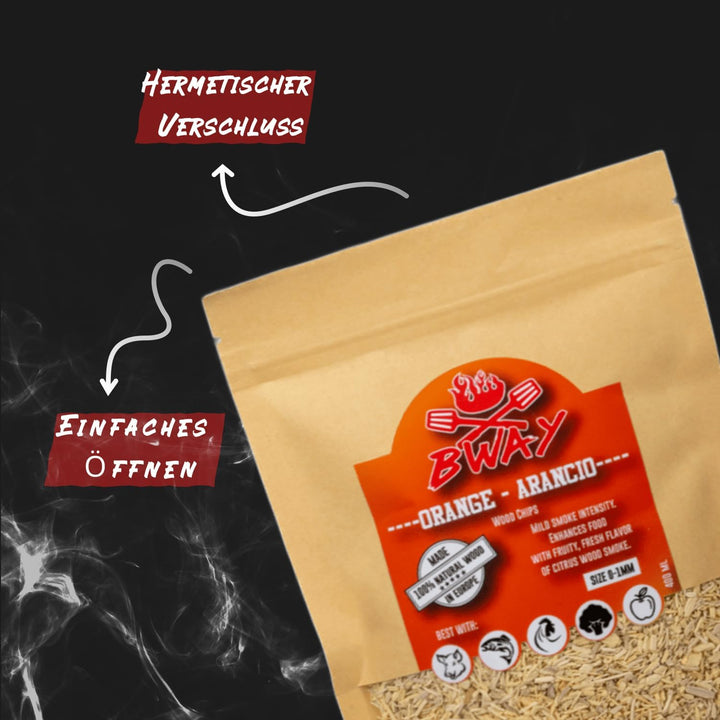 BWAY Kitchen Smoker Holz - Olive, Orange, Mandel, Zitronen, Walnuss und Eiche Räucherholz | Edle Hol