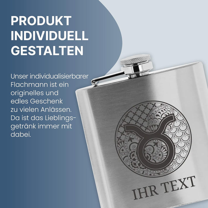 personalisierbarer Flachmann aus Edelstahl mit Name – Sternzeichen Waage Zentangle – Taschenflasche