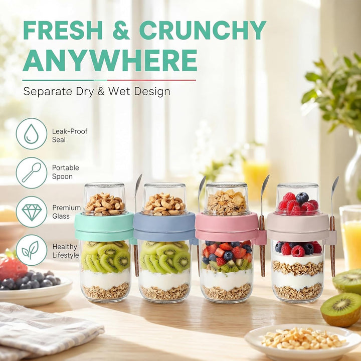 4er Set Müslibecher to Go mit Löffel, 480ml+120ml Overnight Oats Gläser, Joghurtbecher to go mit Dop