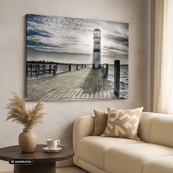 Bilder auf Leinwand 100x70cm Leinwandbild See Leuchtturm Holzbrücke Wasser Gross Wanddeko Bild Schla