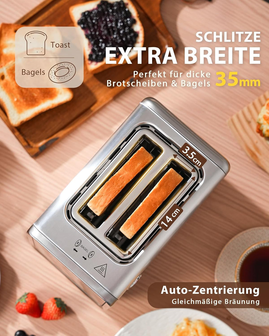 Edelstahl Toaster 2 Scheiben, Digitaler Touch Toaster mit Sandwich-Zange & abnehmbarem Brötchenaufsa