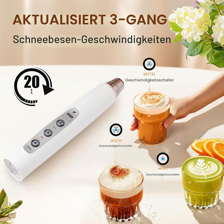YUSWKO Milchaufschäumer Stab für Kaffee, Usb Wiederaufladbarer Aufschäumer, 3 Schneebesen-Köpfe 3 Ge