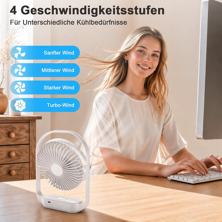 SURFOU Ventilator 4000mAh Akku, Kabelloser Tischventilator mit 4 Stufen und 2 Nachtlicht-Modi, USB-C