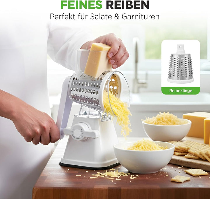 NutriChef 3-in-1 Trommelreibe - mit Kurbel – Gemüsereibe & drehbare Käsereibe – 3 Trommeln für Fein,