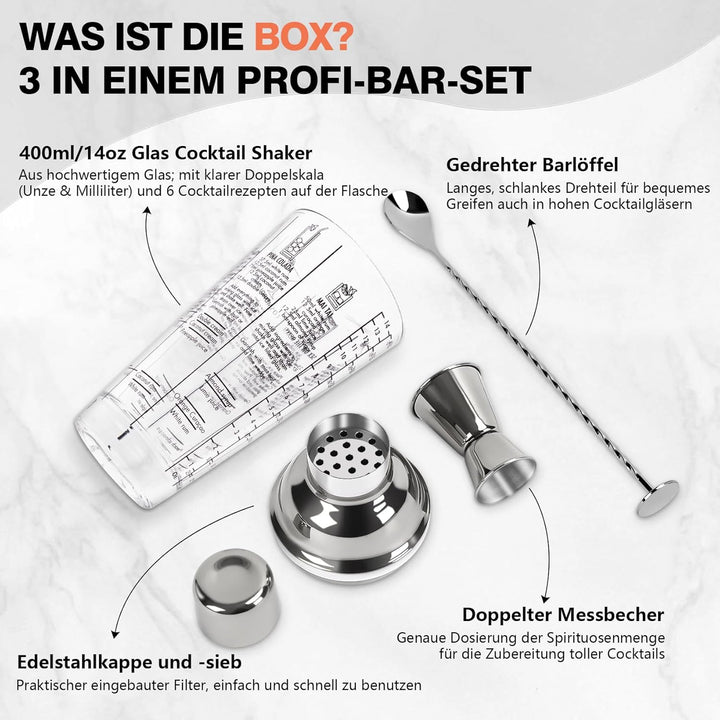14oz Glas Cocktail Shaker Set, Margarita Mixer Shaker mit eingebautem Sieb und Messbecher & Mischlöf