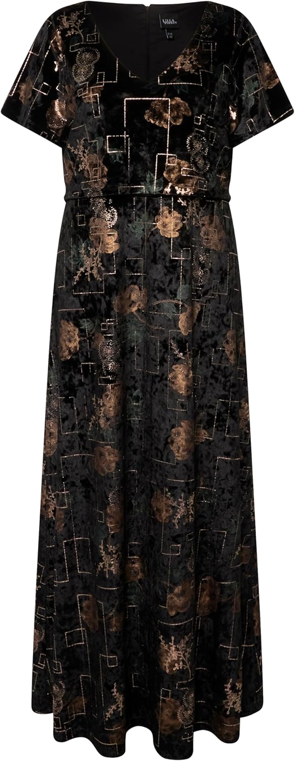 Ulla Popken Damen Abendkleid aus Samt mit Foilprint Kleider 50-52 Schwarz, 50-52 Schwarz
