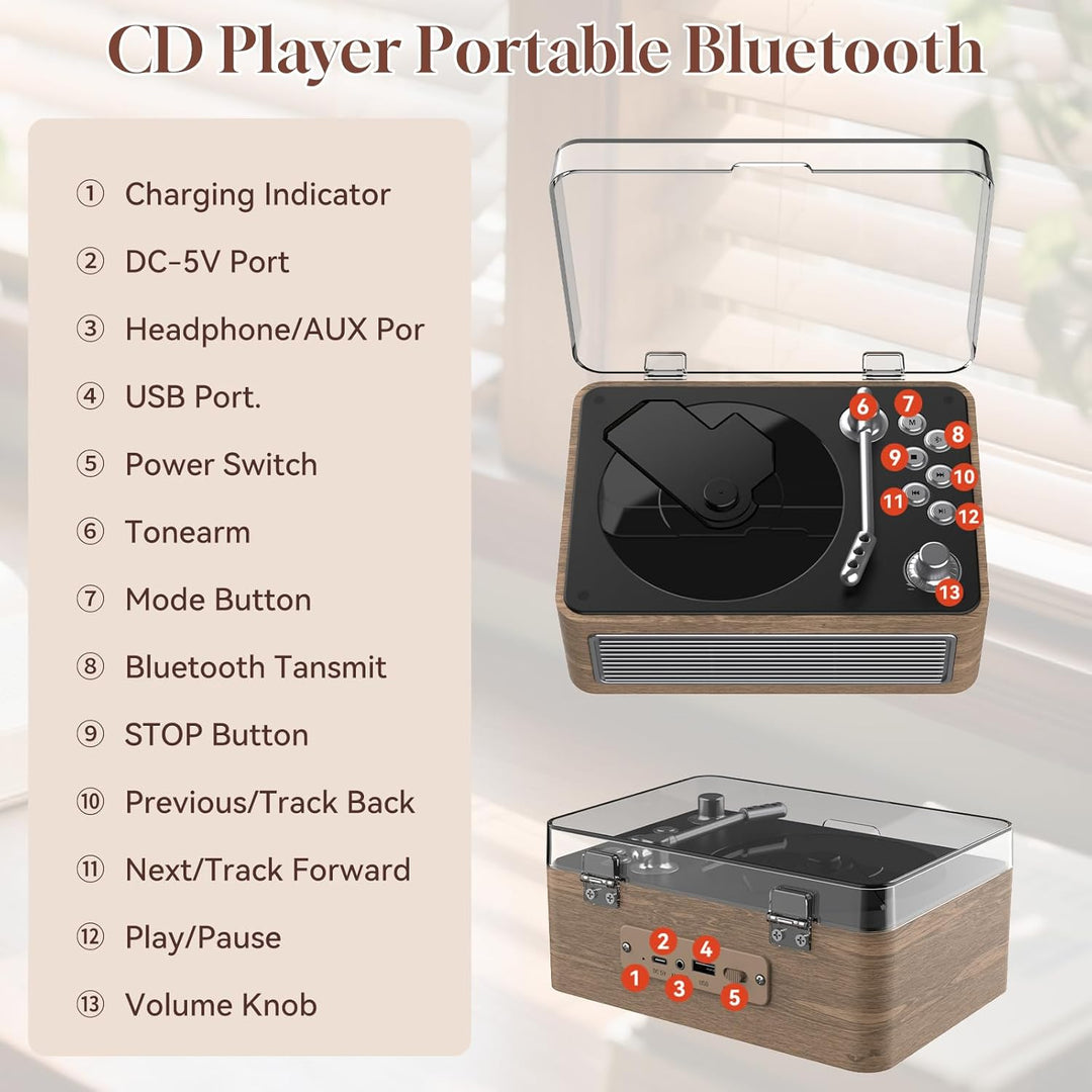 Gueray Tragbarer CD Player Bluetooth CD-Player mit Lautsprecher & Radio & Fernbedienung Unterstützt