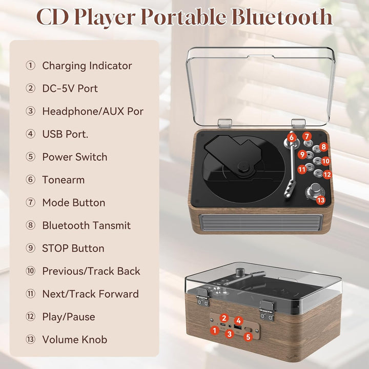 Gueray Tragbarer CD Player Bluetooth CD-Player mit Lautsprecher & Radio & Fernbedienung Unterstützt