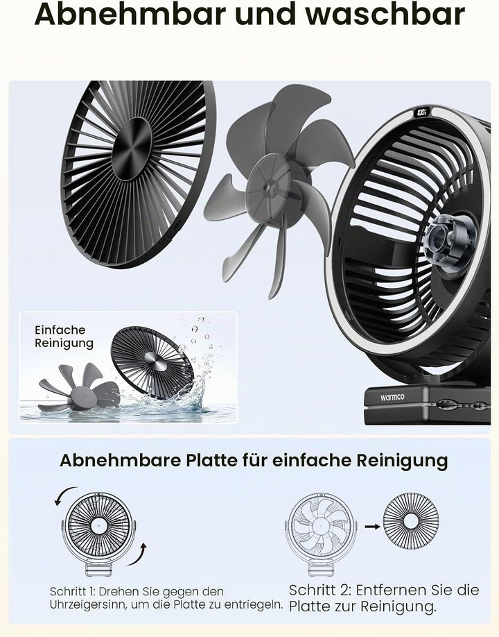 Warmco Tragbarer Ventilator mit LED-Laterne und Haken, 15000 mAh, batteriebetrieben, Camping-Tischve