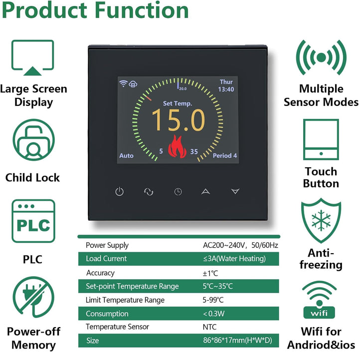Wengart WiFi Smart Thermostat WG380 für Wasserfussbodenheizung – TFT-Farbdisplay &amp; Touch – 230V 3A –