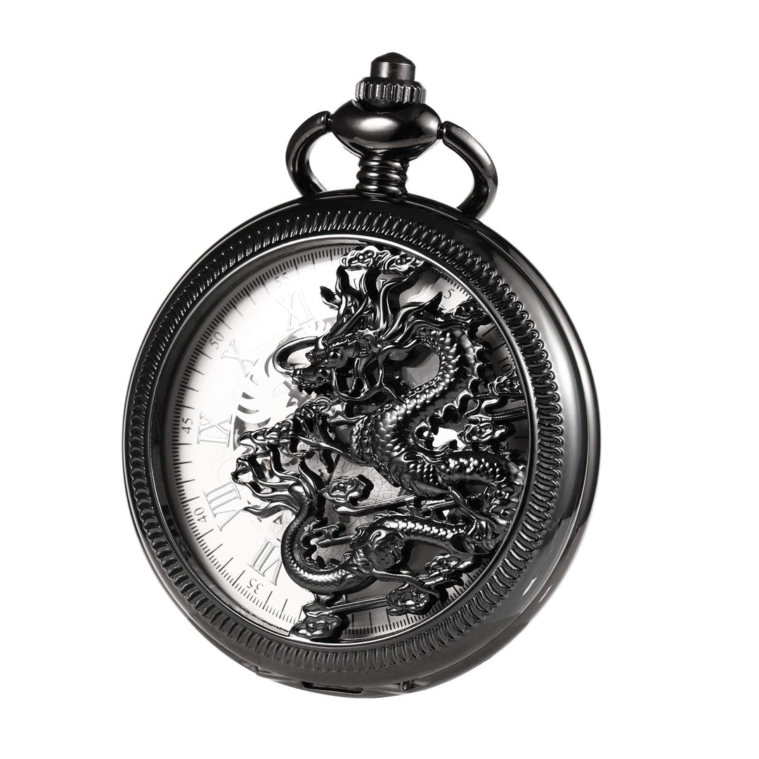 TREEWETO Unisex Taschenuhr mit Kette Analog Handaufzug Mechanisch Antik Drache Skelett Für Herren Da
