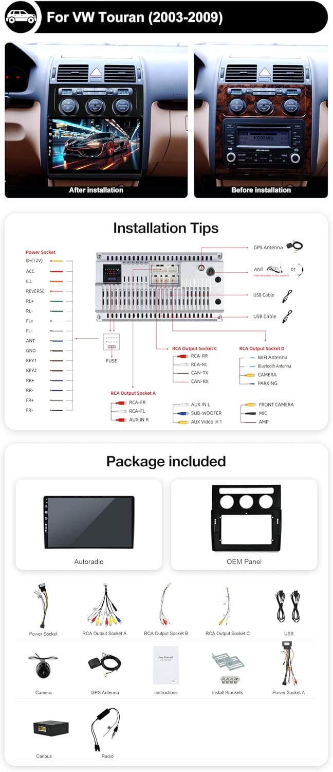 Android 15 IPS Autoradio Passt für VW Touran (2003-2010) - Eingebautes CarPlay Android Auto - KOSTEN