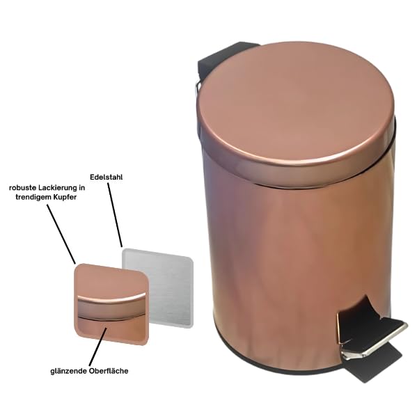 Kosmetikeimer 3 Liter in Kupfer für Badezimmer | Glänzende Oberfläche | Masse: 26 x 17 cm | Treteime