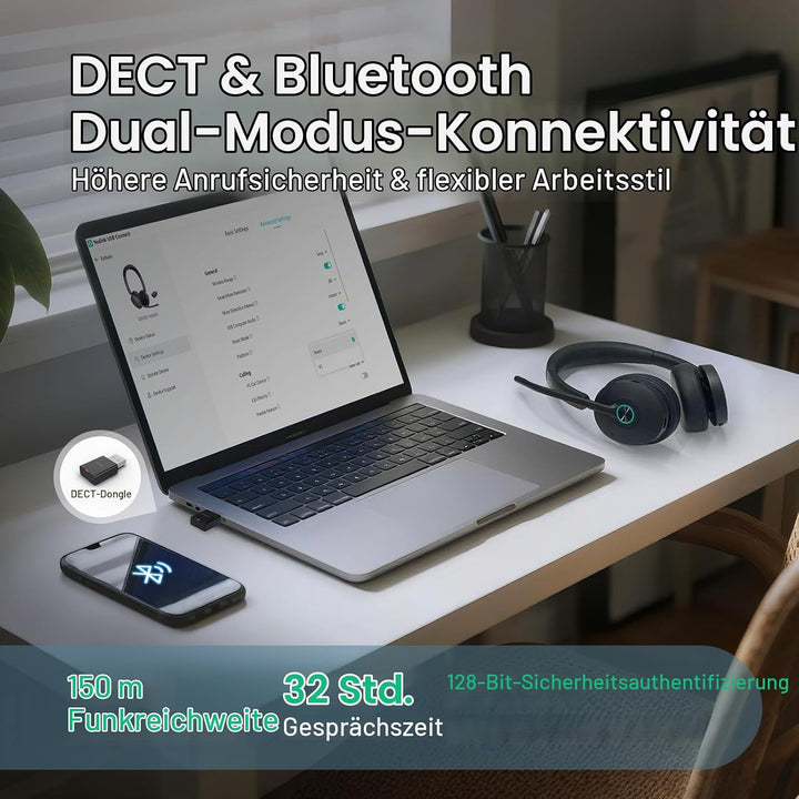 Yealink WH68 Hybrid ANC DECT &amp; Bluetooth Kabelloses Headset mit Mikrofon, Büro-Headset mit DECT-Dong