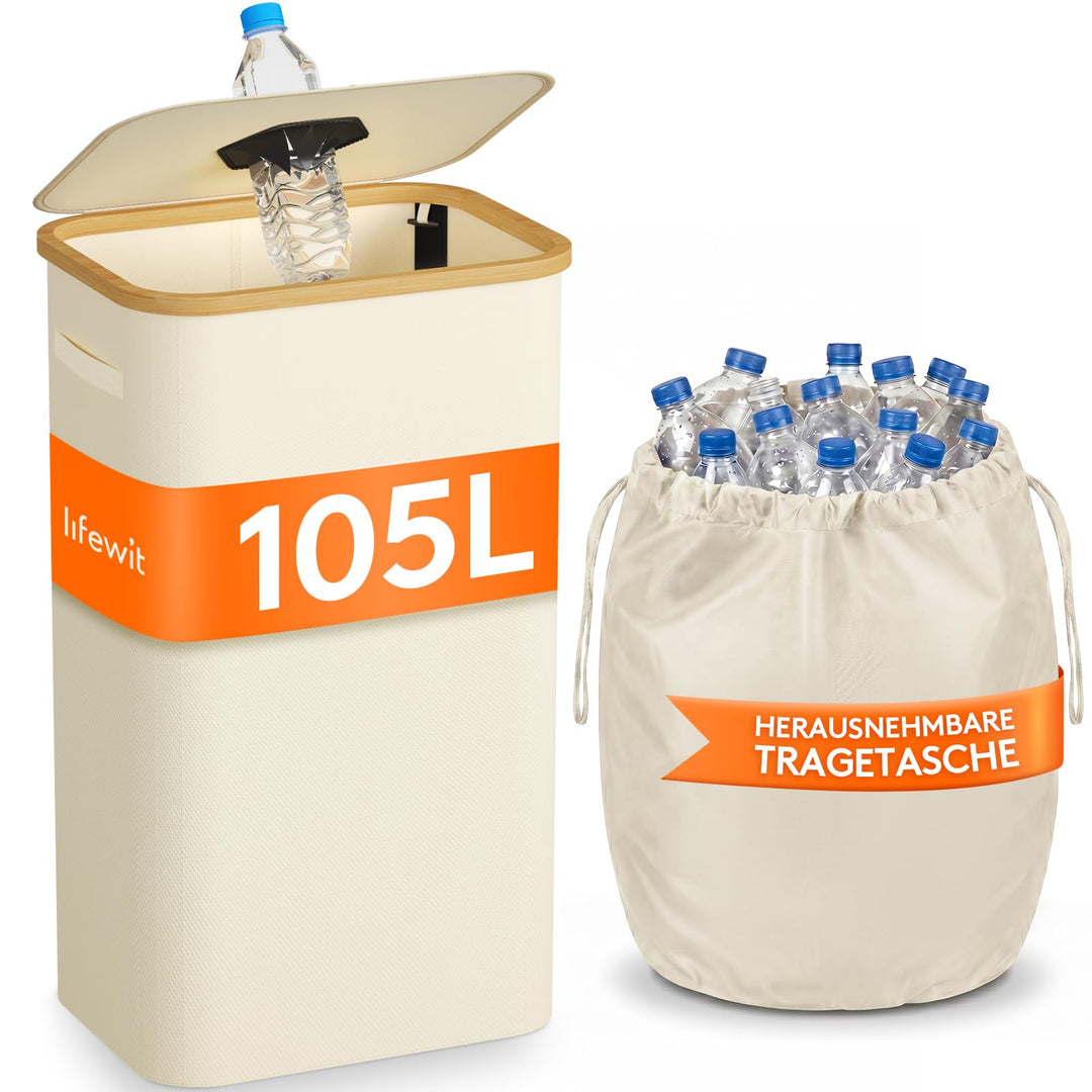 Lifewit Pfandflaschen Sammelbehälter mit Deckel, 105L Bambus Gross Leergut Sammelbehälte, Altglas Au