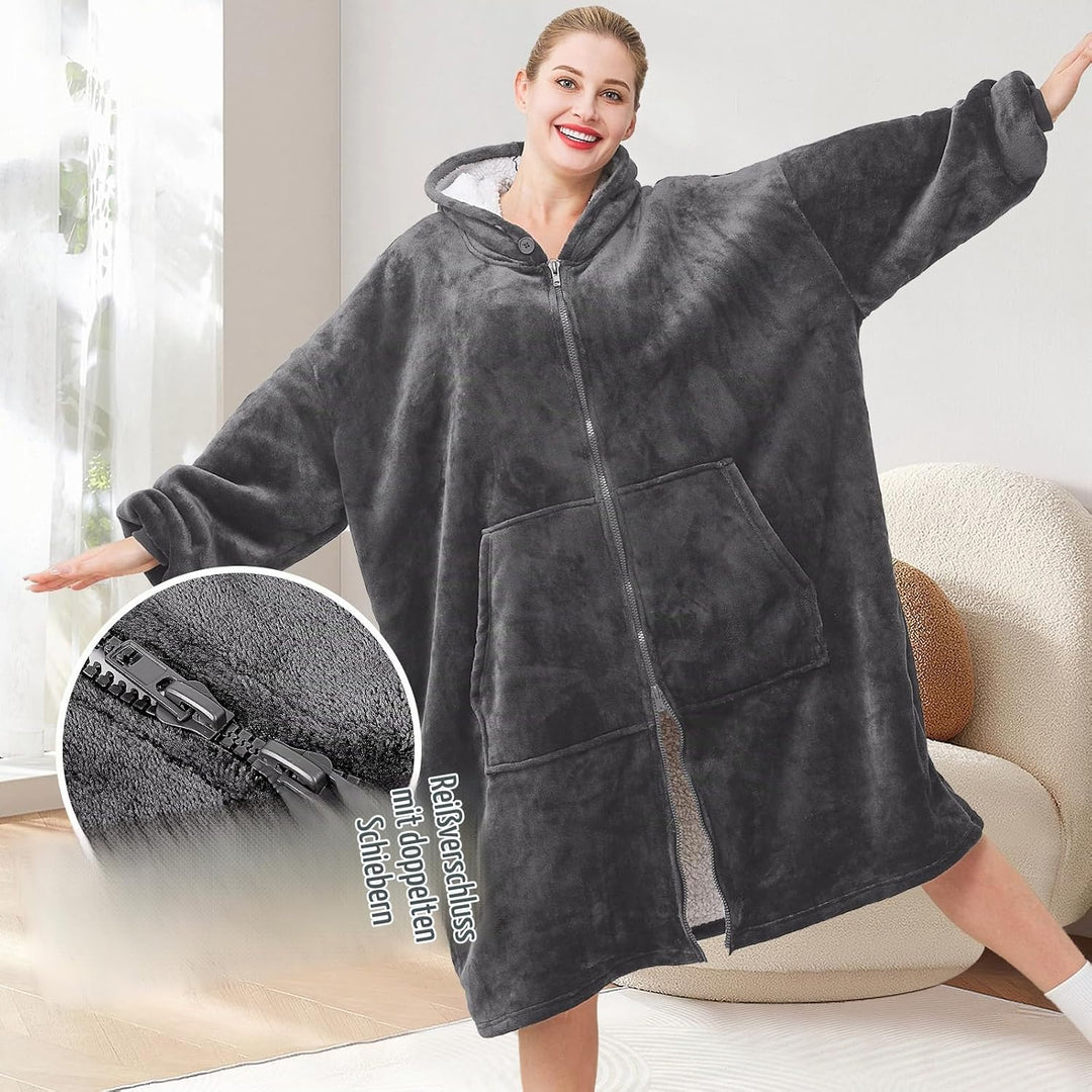 Reissverschluss Hoodie Decke mit Ärmeln Kuscheldecke Damen Tragbare Decken Dunkelgrau, Dunkelgrau