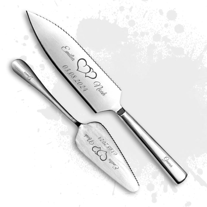 Tortenmesser + Kuchenheber Set mit eigener Gravur/Hochzeit Motiv Herzen Geschenk Brautpaar Tortenheb