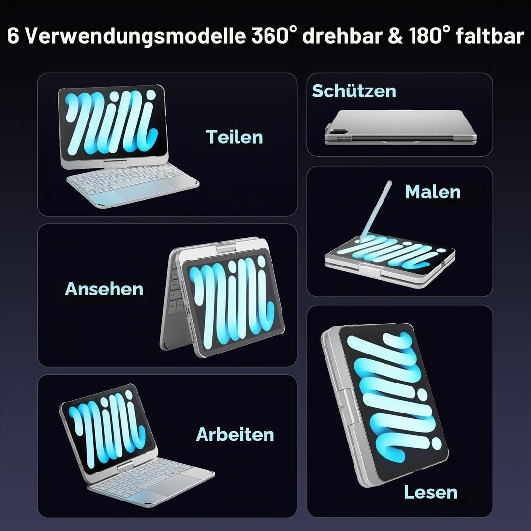 doqo iPad mini 7 A17 Pro &amp; Mini 6 Tastatur Hülle mit Trackpad,360° drehbar | Laptop-ähnliches Tippge