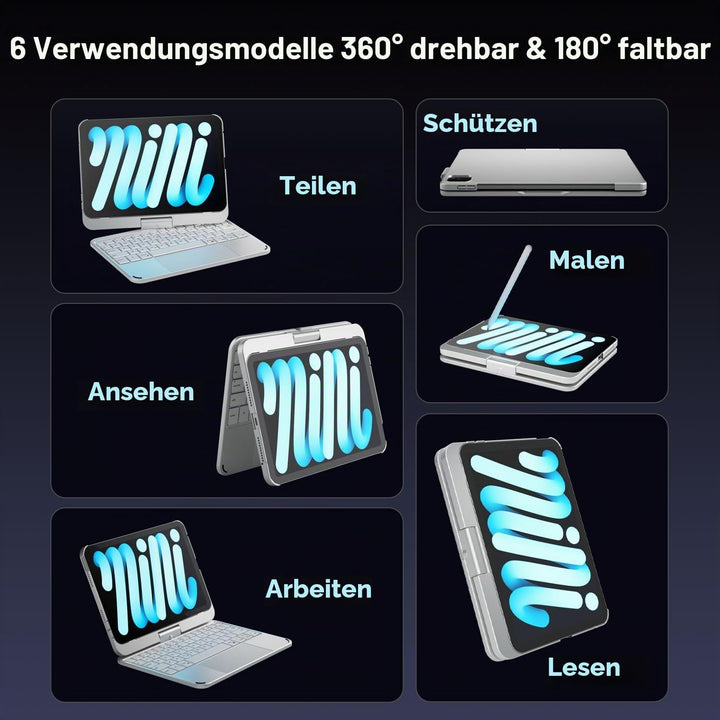 doqo iPad mini 7 A17 Pro &amp; Mini 6 Tastatur Hülle mit Trackpad,360° drehbar | Laptop-ähnliches Tippge