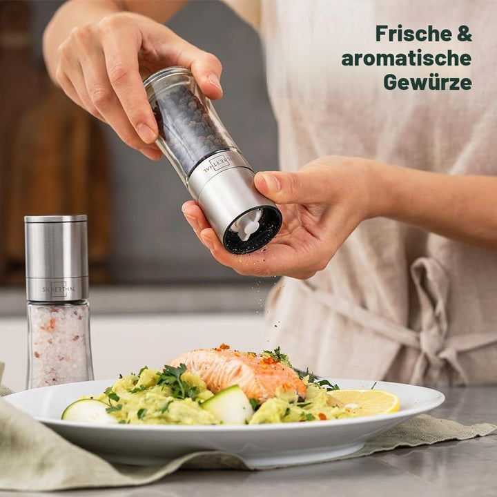 SILBERTHAL Gewürzmühlen 4er Set - verstellbares Keramikmahlwerk - Aromadicht - Salz- &amp; Pfeffermühlen