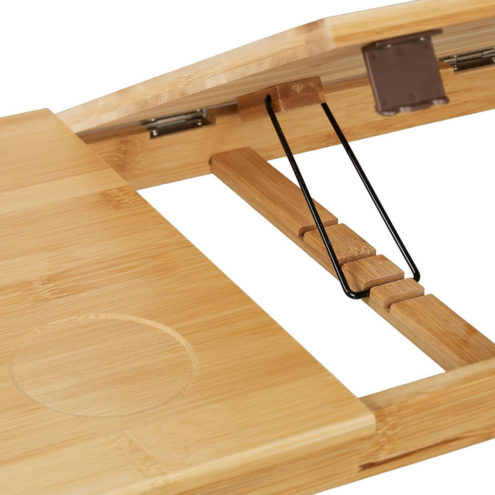 Relaxdays Laptoptisch für Couch, Bambus, klappbar, höhenverstellbar, neigbare Tischplatte, Schublade