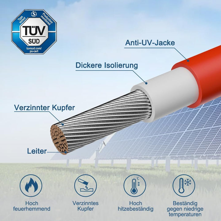 Slocable Solarkabel Verlängerung 10m 10AWG mit IP68 wasserdichtem 1500V PV Stecker, 10m 10awg