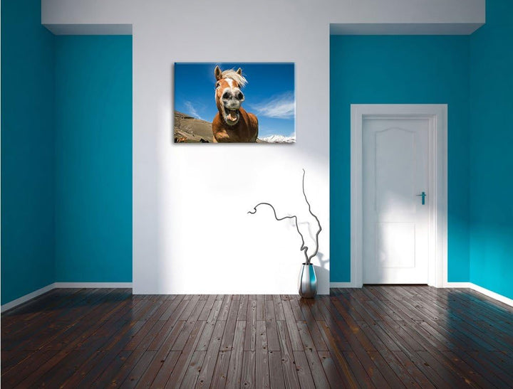 Pixxprint Lustiges Pferd in der Natur als Leinwandbild/Grösse: 100x70 cm/Wandbild/Kunstdruck/fertig
