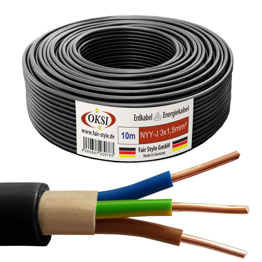 OKSI 10m NYY-J 3x1,5 mm² Erdkabel Elektrokabel Beton und Freien Kupfer Made in Germany, 10m NYY-J 3x