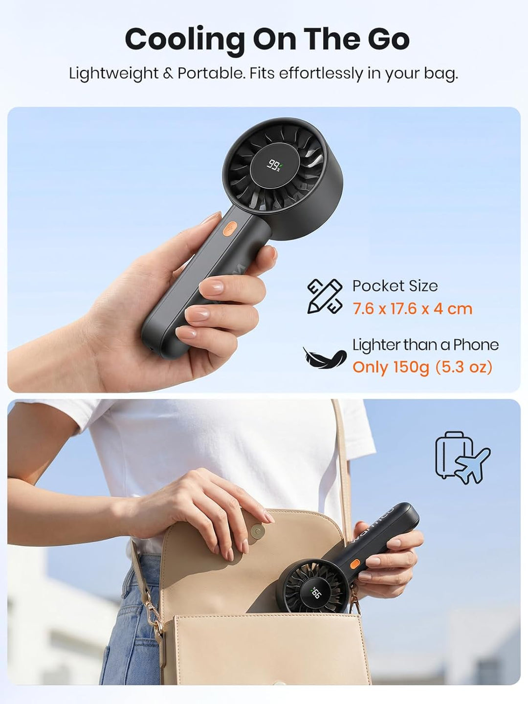 Warmco HC2 5000mAh Handventilator für Reise und Outdoor | 6-18 Std. Laufzeit, 7m/s Luftstrom, 4 Stuf
