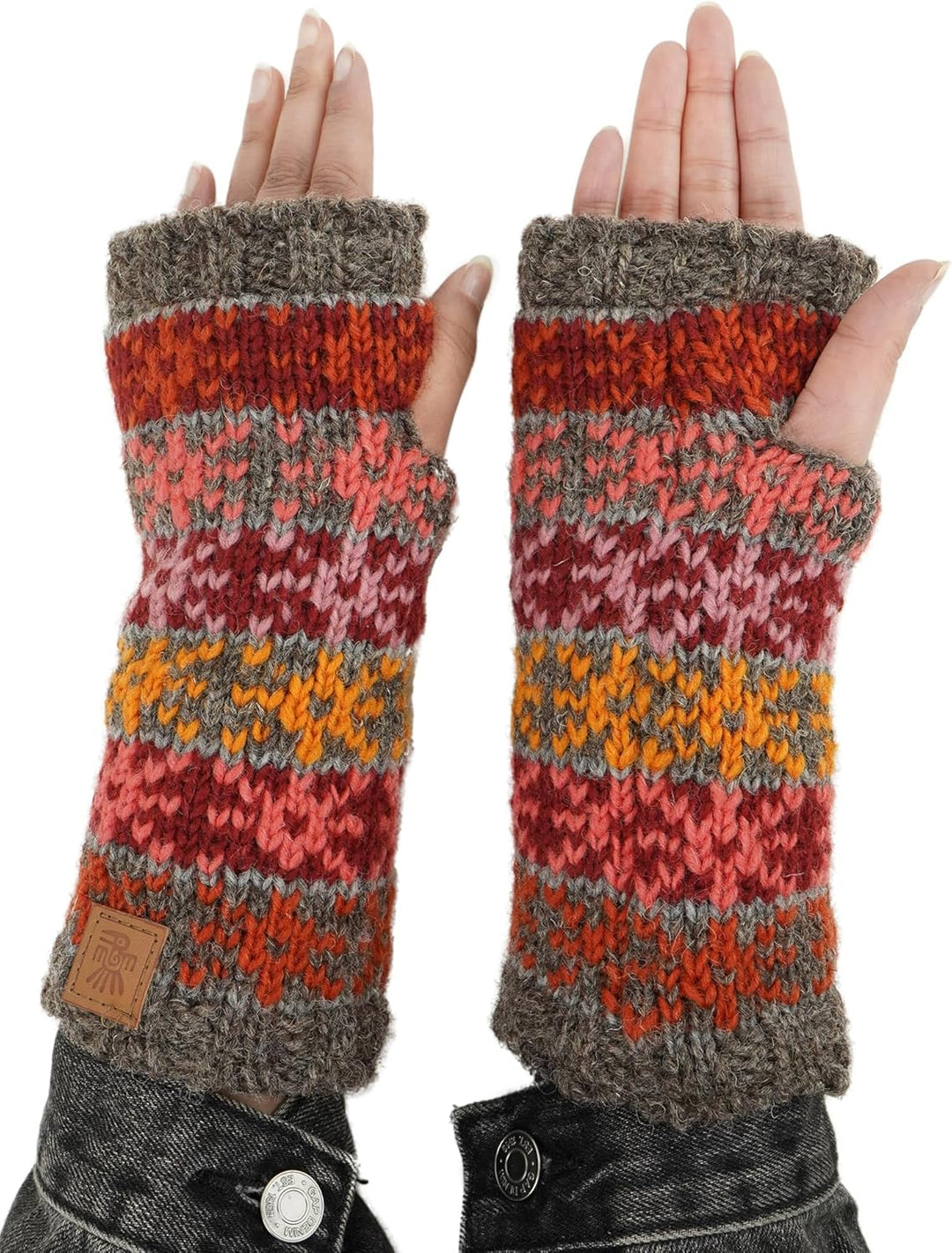 Frauen Wolle Handwärmer Fleece Gefüttert Handgestrickte Sterne Grau Mehrfarbig Einheitsgrösse Handma