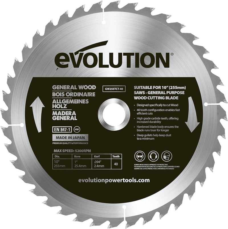 Evolution GW255TCT-40 - 255-mm-Holzsägeblatt – Hartmetallbestückte 30-Zahn-Konfiguration ermöglicht