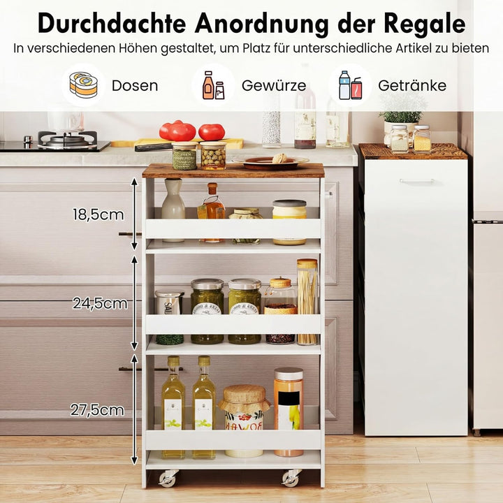 COSTWAY Nischenwagen 30cm breit, 4 Etagen Küchenwagen schmal, Nischenregal auf Rollen, Servierwagen