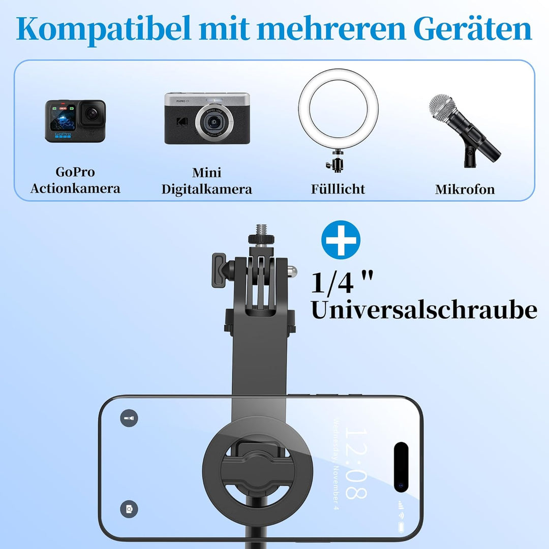 PlusAcc 176cm Magnetisches Selfie-Stativ für MagSafe - Stabile Tripod Stick Halterung & 360° drehbar