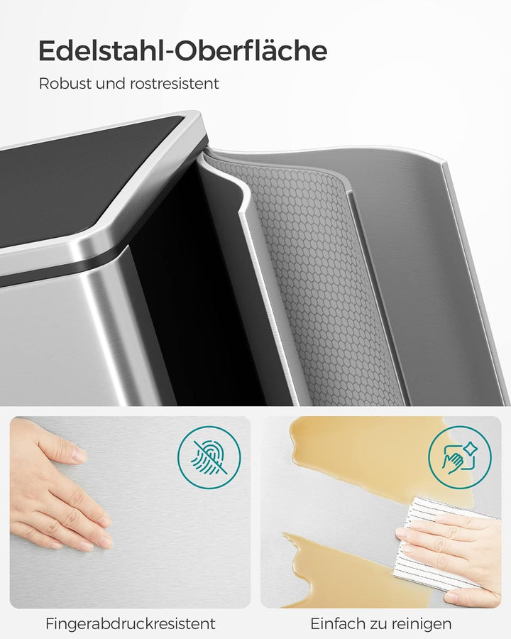 SONGMICS Mülleimer, 2 x 30 L, 2 Fächer, Mülltrennsystem, Treteimer, Abfalleimer Küche, 15 Müllsäcke,