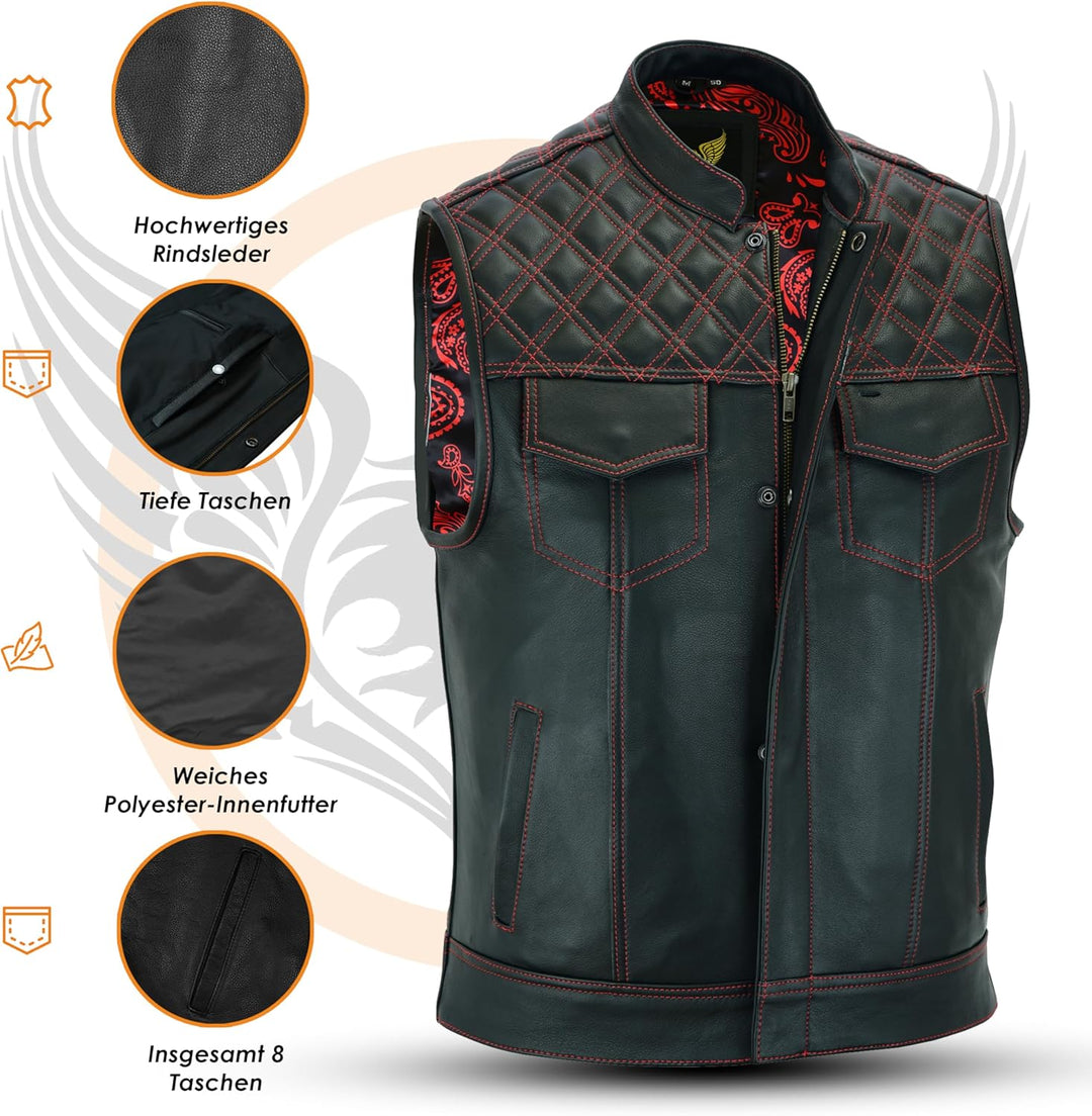 Leatherick Groove Club Herren-Motorradweste aus schwarzem Leder – Bikerweste 46 Schwarz (rote Rauten
