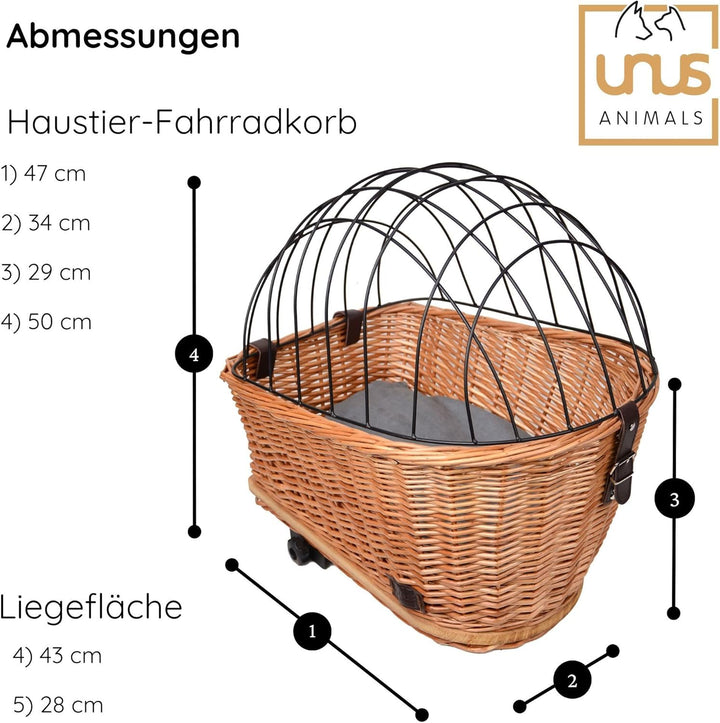 UNUS Hundefahrradkorb für Gepäckträger aus Weide Fahrradkorb mit Gitterabdeckung und Kissen, grau