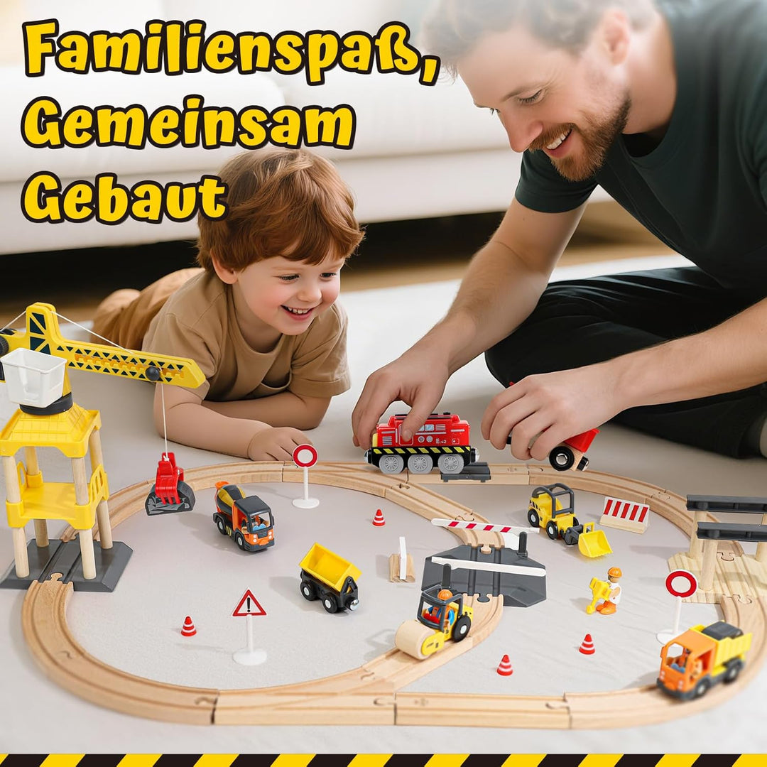 Lehoo Castle Holzeisenbahn, 68 Pcs Eisenbahn Holz mit Kran Spielzeug, Eisenbahn Kinder Elektrisch, B