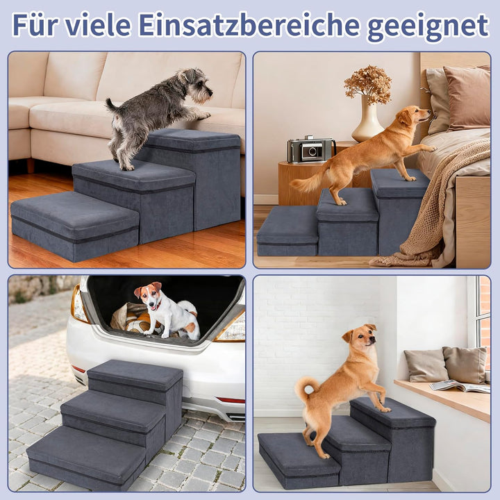 Hundetreppe mit Stauraum, 3 Stufen, faltbar, extra breite Haustierrampe, rutschfeste Hunderampe,Haus