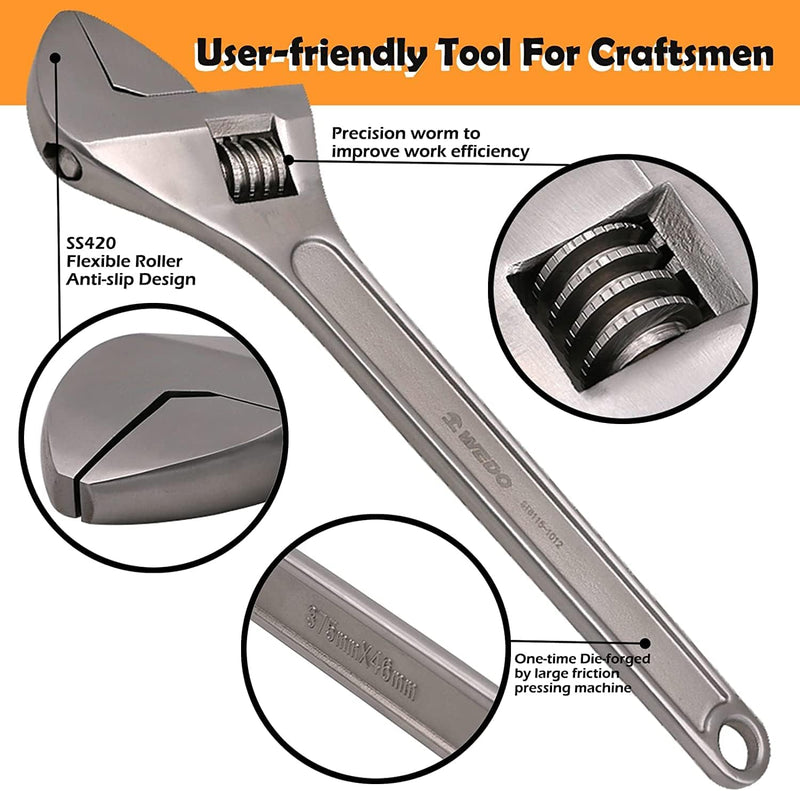 WEDO Verstellbarer Rollgabelschlüssel,Edelstahl Rollgabelschlüssel & Rohrzange,Einmaulschlüssel max.