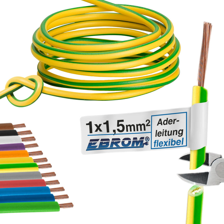 EBROM Aderleitung Einzelader flexibel H07V-K 1,5 mm² - grün gelb, 50 m | von 5 bis 100 m bestellbar