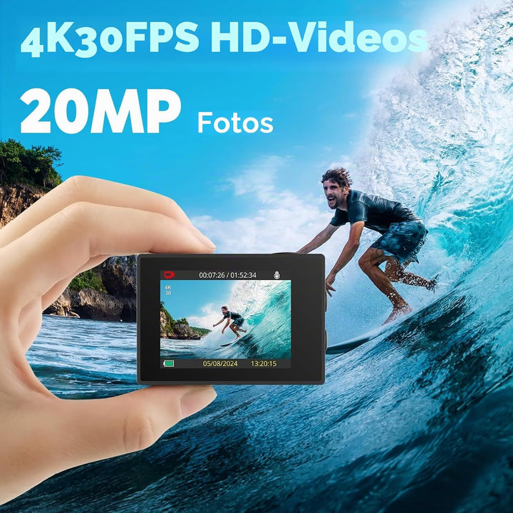 AKASO Action Cam mit 60cm Stativ Selfie Stick und Tasche, 4K30FPS 20MP WiFi Unterwasserkamera EIS St