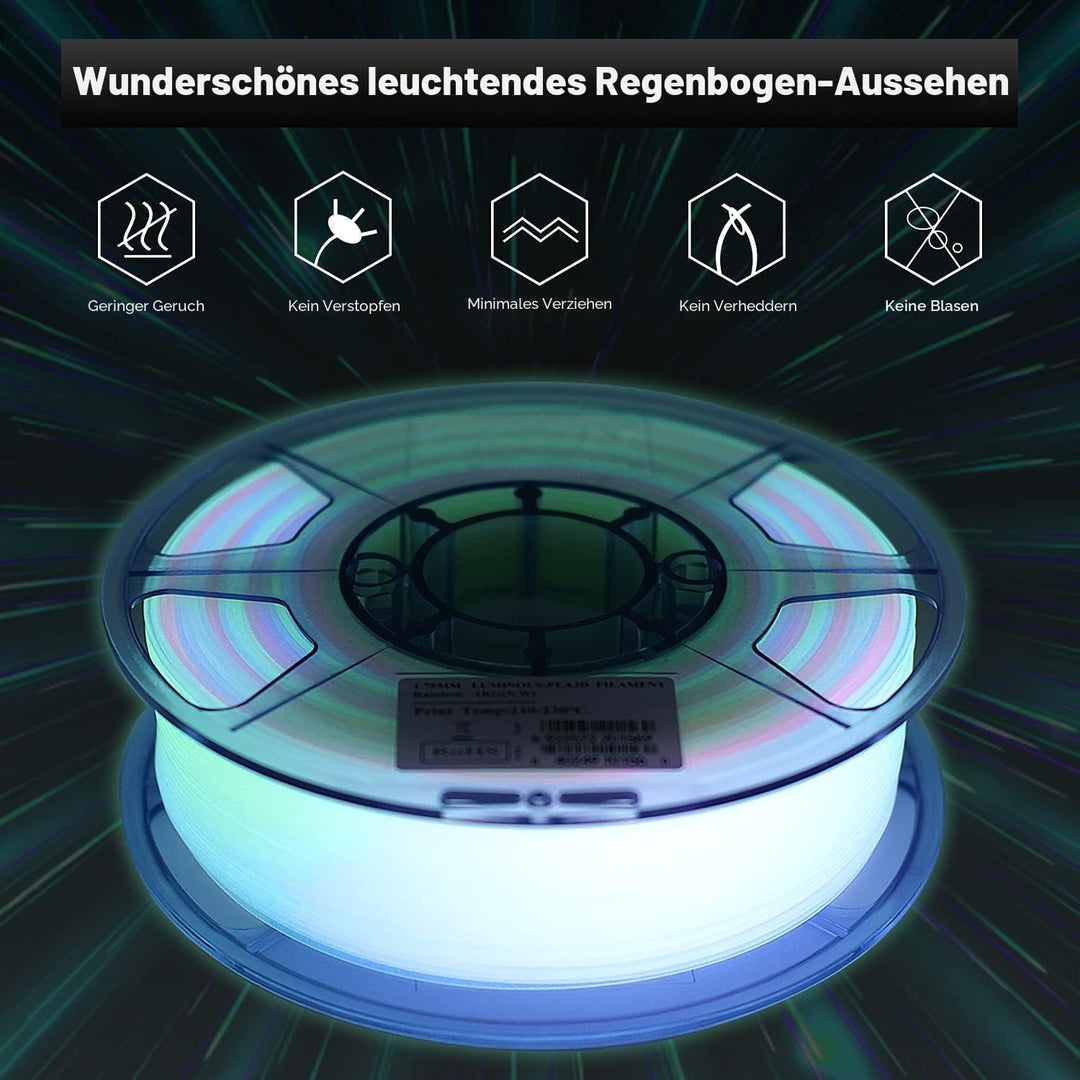 eSUN PLA Leuchtet 3D Drucker Filament, im Dunkeln Leuchtendes Regenbogen Filament 1.75mm, 1kg Spule