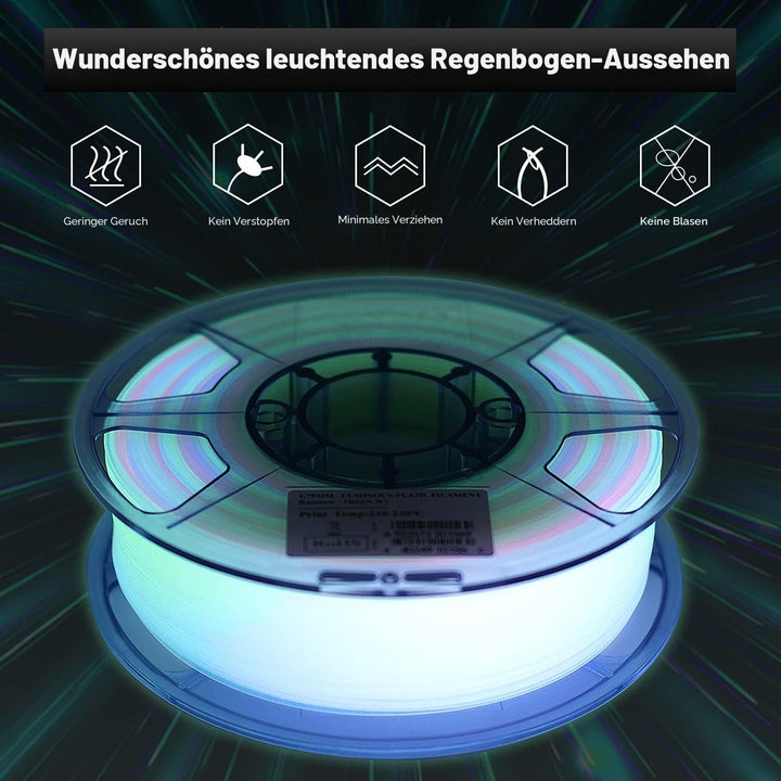 eSUN PLA Leuchtet 3D Drucker Filament, im Dunkeln Leuchtendes Regenbogen Filament 1.75mm, 1kg Spule