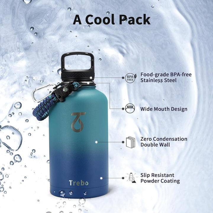 Trebo Isolierte Wasserflasche, 1,8 l, Metall-Vakuum-Wasserkrug mit Griff und 3 Deckeln, auslaufsiche
