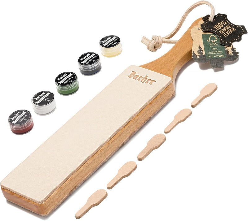 BACHER Premium Leder Streichriemen Abziehleder für Messer set mit 4 x 7g Polierpaste. Paddelgriff au