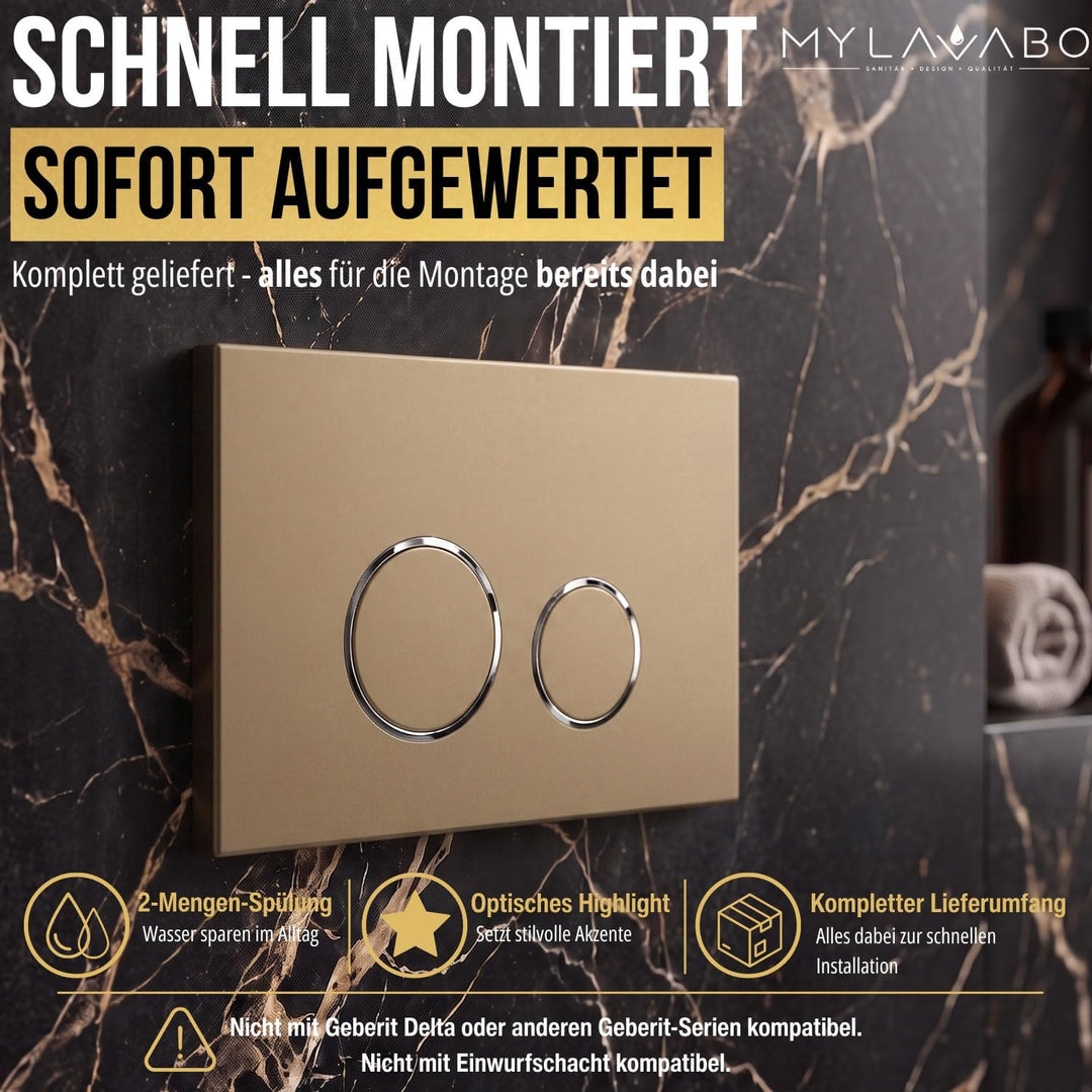 Drücker- & Betätigungsplatte passend für Geberit Delta (Kunststoff, gold, chrom Ringe) | go-chrom-de